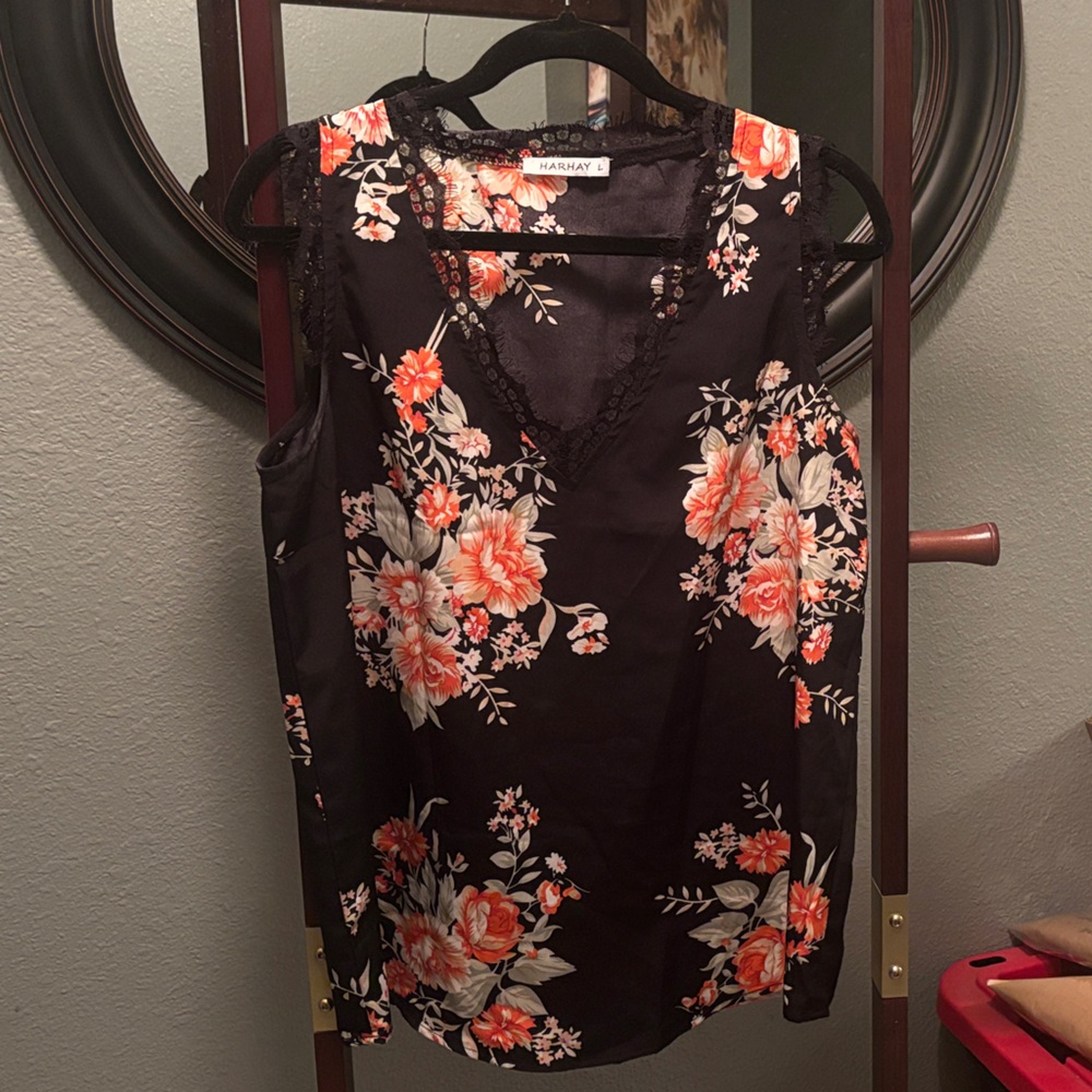 Harshay Floral V-Neck Sleeveless Blouse - Black with Coral Flowers